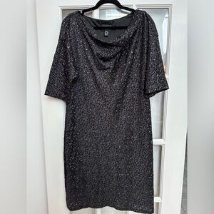 Adrianna Papell Black Metallic Shimmer Leopard Print Midi Dress Women’s Size 14